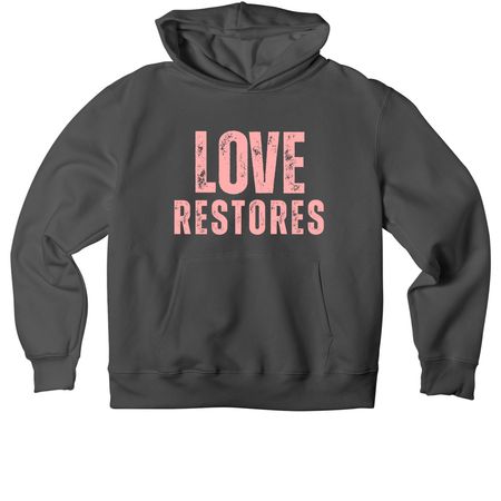LOVE RESTORES - coral, a Asphalt Premium Heavyweight Pullover Hoodie