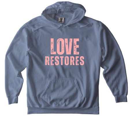 LOVE RESTORES - coral, a Blue Jean Comfort Colors Pullover Hoodie