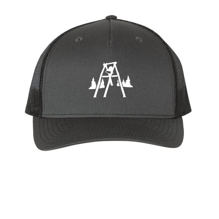 PAL Camp Hats - White logo, a Charcoal/ Black Printed Five-Panel Trucker Cap