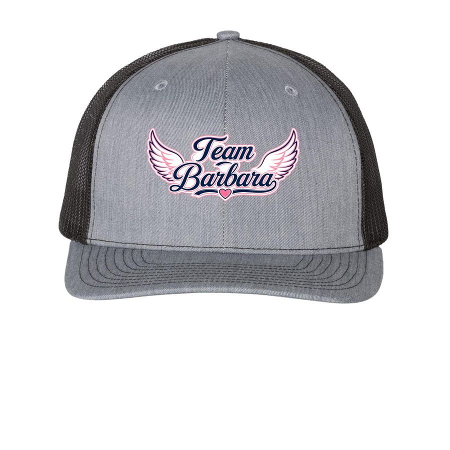 Team Barbara Hat, a Heather Grey/ Black Printed Snapback Trucker Cap