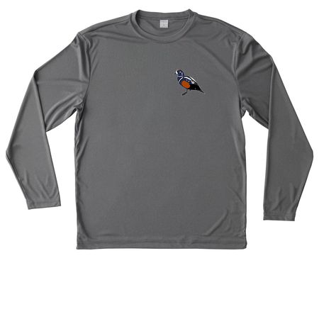Harlequin Duck, a Grey Concrete Heather Unisex Performance Long Sleeve Tee