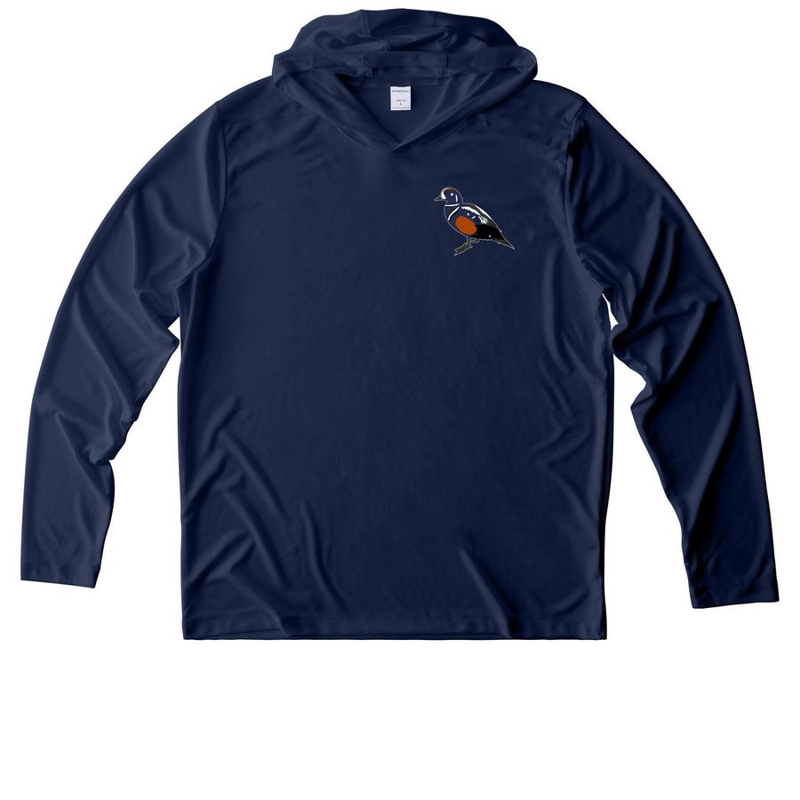 Harlequin Duck, a True Navy UV Performance Long Sleeve Hoodie