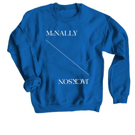 McJ Basic Tee and Sweatshirt, white ink, a Royal Blue Crewneck Sweatshirt