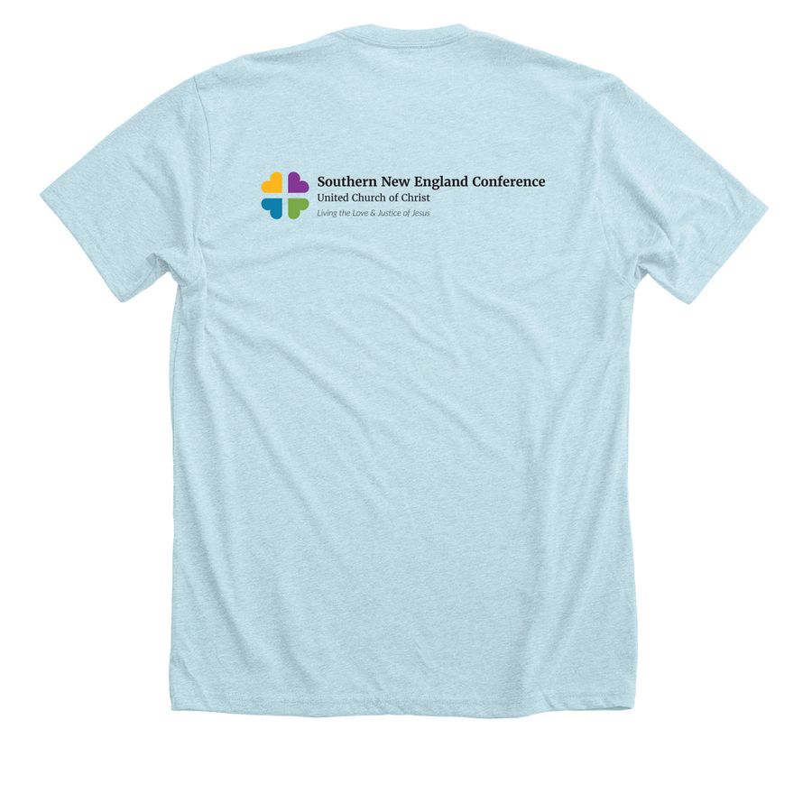 Jesus WAS Political, a Heather Ice Blue Premium Unisex Tee (back-view)