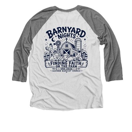 VBS 2026, a Premium Heather and Heather White 3/4 Sleeve Baseball Tee