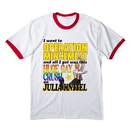 I went to operation mincemeat (julia version), a White/ Red Cotton Ringer Tee