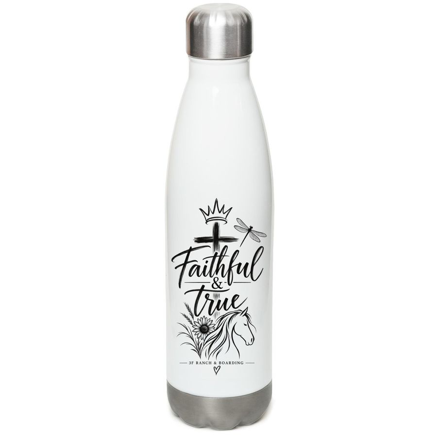 Faithful & True, a White Stainless Steel Water Bottle (back-view)
