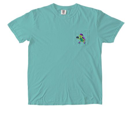 Shot by Fluxx Shirt, a Chalky Mint Comfort Colors Pocket Tee (back-view)