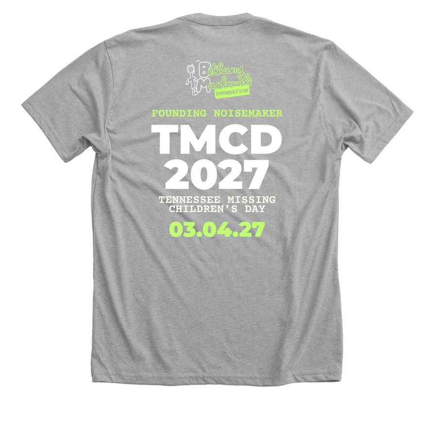 Make Noise. Missing Kids Can't. TMCD 2027., a Athletic Heather Premium Unisex Tee (back-view)