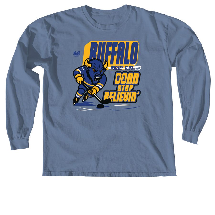 Doan Stop Believing - 91 - Buffalo Sabres, a Blue Jean Comfort Colors Long Sleeve Tee
