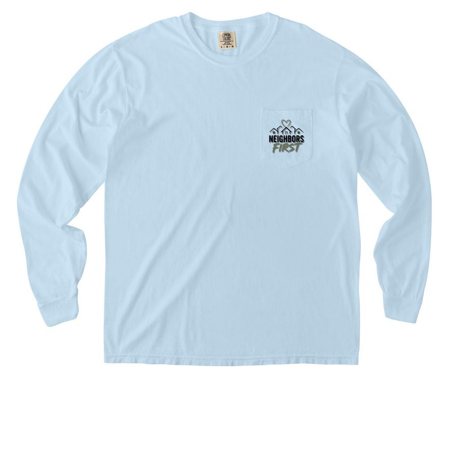 Neighbors First, a Chambray Comfort Colors Long Sleeve Pocket Tee