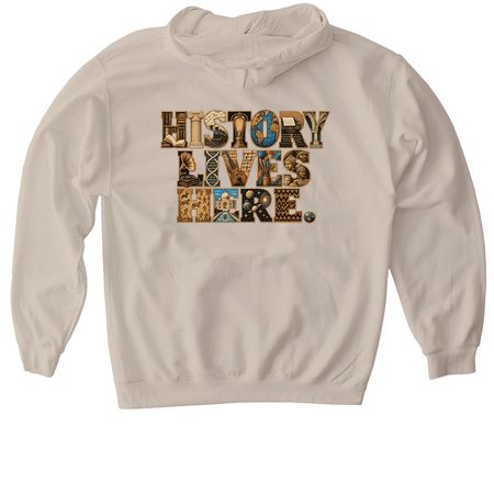 HISTORY LIVES HERE, a Sand Gildan Softstyle Pullover Hoodie (back-view)