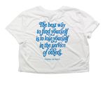 Service Beyond the Sale, a White Women?s Flowy Cropped Tee (back-view)