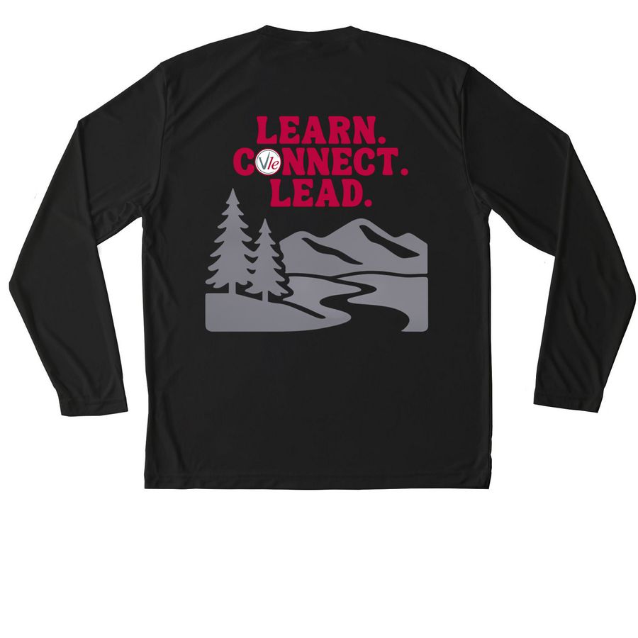 Learn. Connect. Lead., a Black Unisex Performance Long Sleeve Tee (back-view)