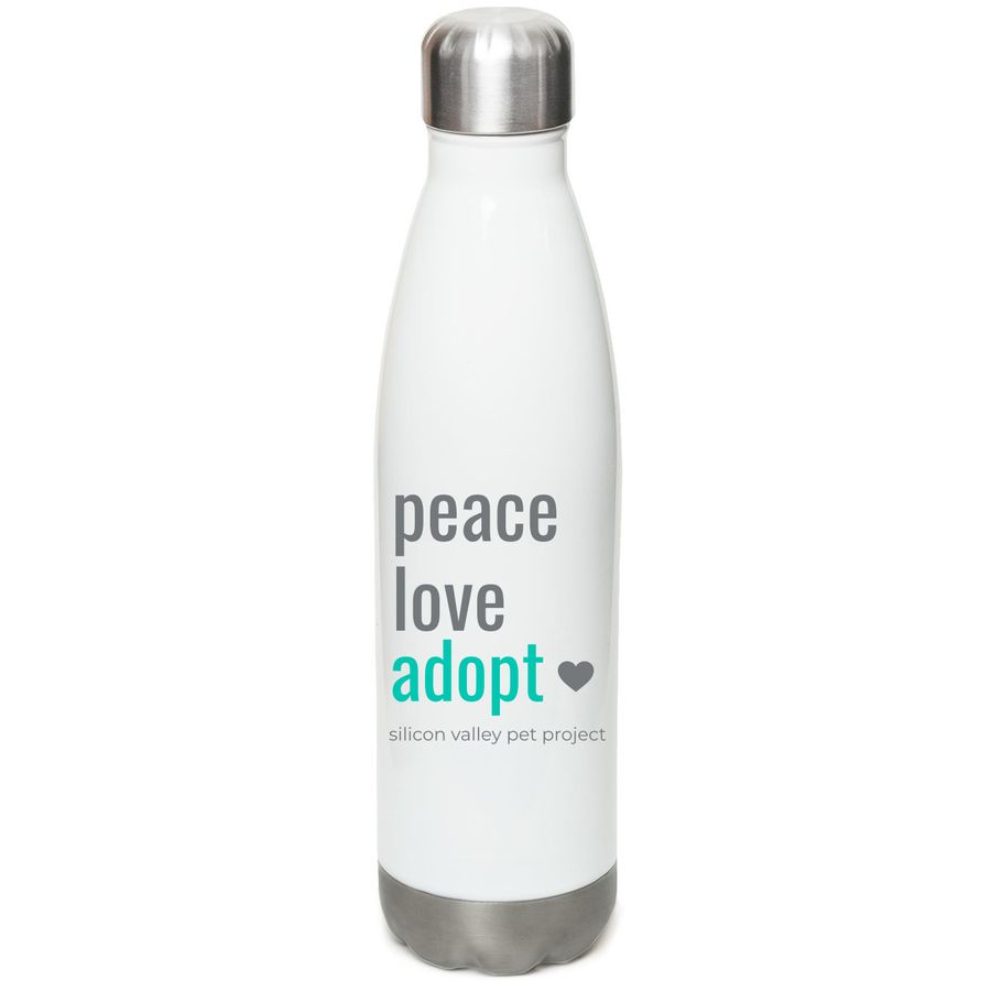 Peace Love Adopt Water Bottle, a White Stainless Steel Water Bottle