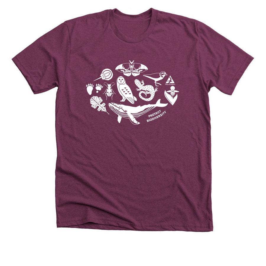 Mass Audubon Biodiversity Shirts, a Heather Maroon Premium Unisex Tee