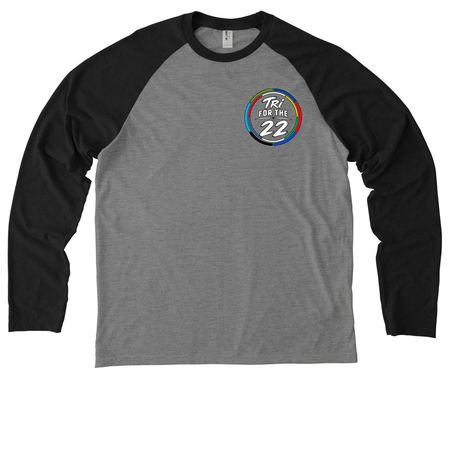 Tri For the 22 | Mighty Oaks, a Deep Black/ Aluminum Grey Allmade Eco Triblend Colorblock Raglan Long Sleeve Tee