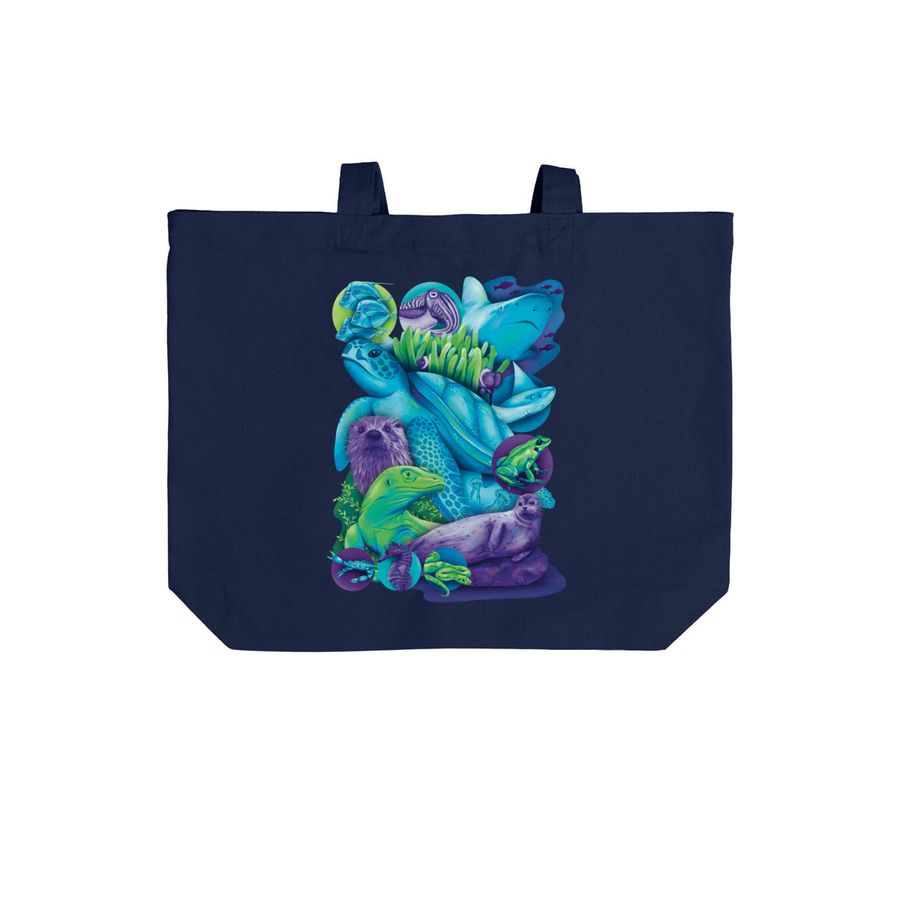 Virginia Aquarium 40th Anniversary, a River Blue Navy Cotton Canvas Tote Bag (back-view)
