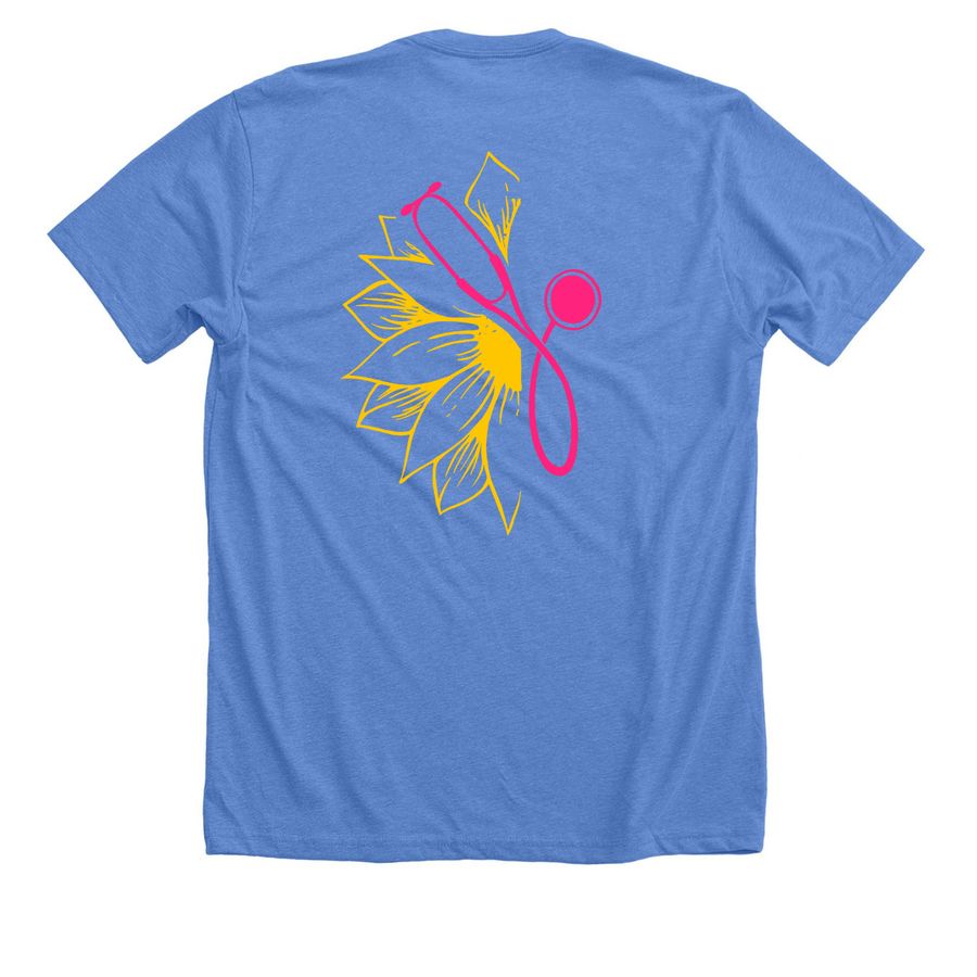 3 Sunflowers, a Heather Columbia Blue Premium Unisex Tee (back-view)
