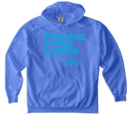 Gary Church 2026-2027 theme, a Flo Blue Comfort Colors Pullover Hoodie