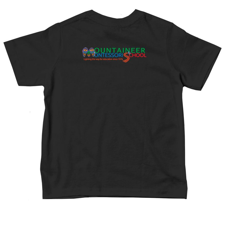 Mountaineer Montessori Toddler M-Gear, a Black Toddler Tee (back-view)