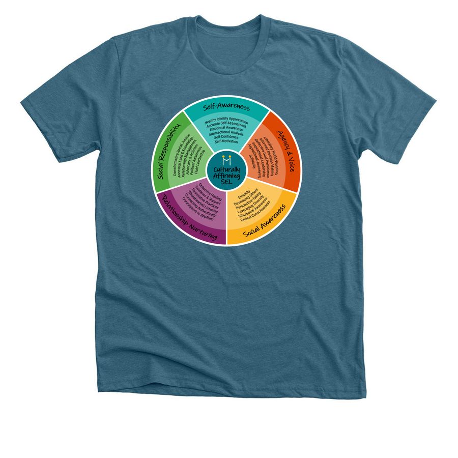Morningside's Culturally Affirming SEL Wheel, a Heather Deep Teal Premium Unisex Tee
