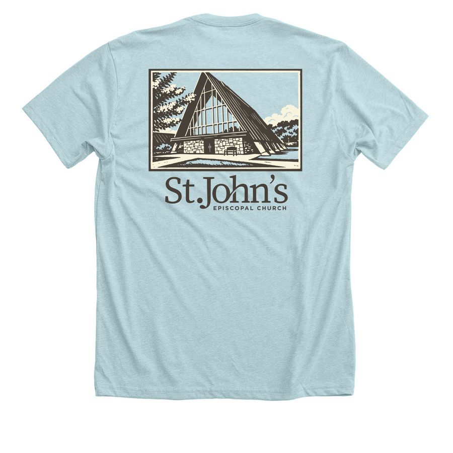 Episcopal, a Heather Ice Blue Premium Unisex Tee (back-view)