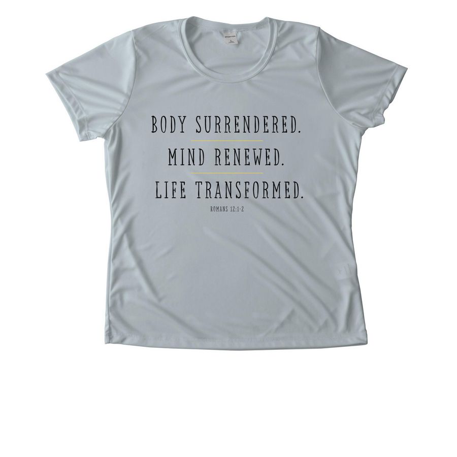 Romans 12:1-2 Athletic Black Font, a Silver Women's Performance Tee