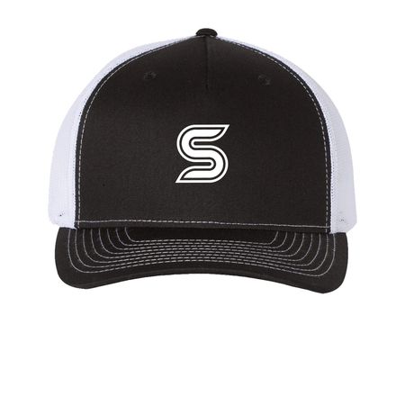 S Logo, a Black/ White Printed Five-Panel Trucker Cap