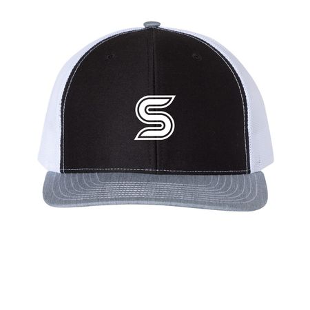 S Logo, a Black/ White/ Heather Grey Printed Snapback Trucker Cap