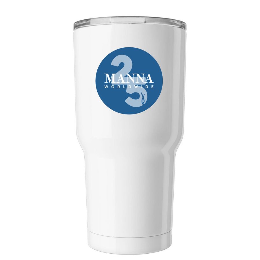 Anniversary Tumbler, a White Insulated Tumbler (back-view)