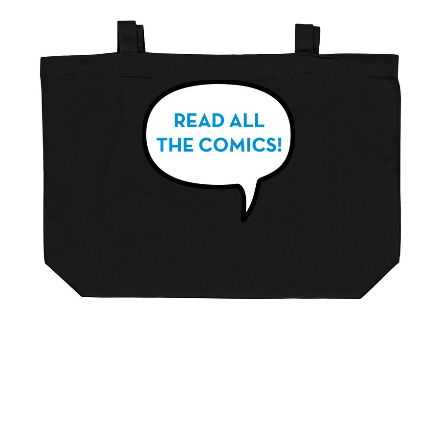 Carry All The Comics!, a Black Large Organic Cotton Tote Bag (back-view)