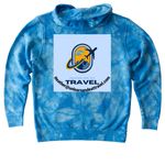 Unlearn and Eat Travel, a Aqua Blue Youth Tie Dye Pullover Hoodie (back-view)