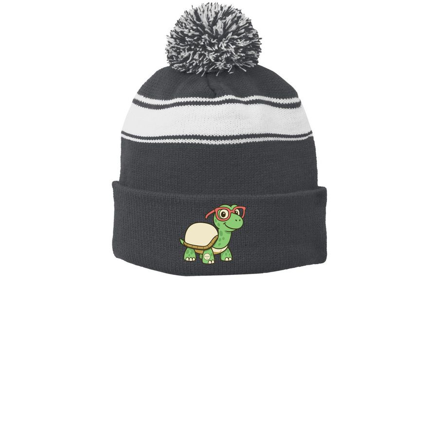 Lilly's Pancreas Pacers 2026, a Iron Grey/ White Printed Stripe Pom-Pom Beanie