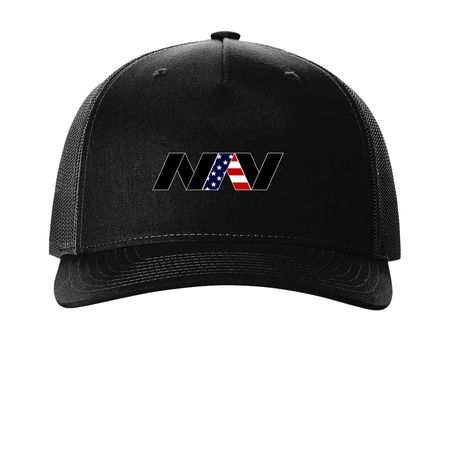 NAV HATS, a Black Printed Five-Panel Trucker Cap