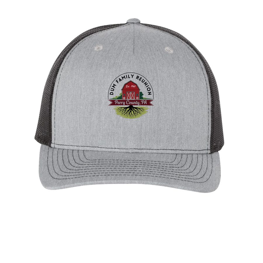 Official Dum Family Reunion Cap, a Heather Grey/ Black Printed Five-Panel Trucker Cap