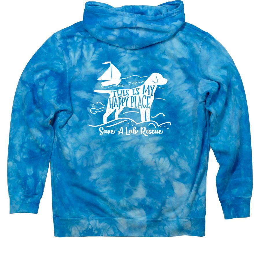This is my happy place, a Aqua Blue Tie Dye Pullover Hoodie (back-view)