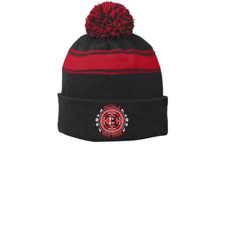 BNY Beanie Pom Hat, a Black/ True Red Printed Stripe Pom-Pom Beanie