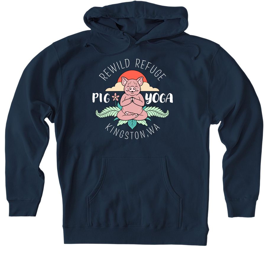 Pig Yoga Campaign (White Logo), a Navy Heavyweight Pullover Hoodie