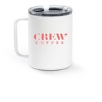 Crew Coffee Reusable Cups, a White Stainless Steel Travel Mug (back-view)