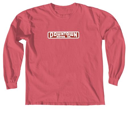 Vintage DOWNTOWN MOTOR CO logo, a Crimson Comfort Colors Long Sleeve Tee