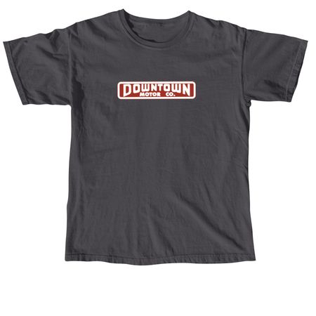 Vintage DOWNTOWN MOTOR CO logo, a Graphite Comfort Colors Unisex Tee