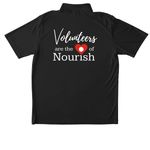Volunteers are the Heart of Nourish (Dark), a Black Unisex Performance Polo (back-view)