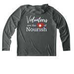 Volunteers are the Heart of Nourish (Dark), a Dark Smoke Grey UV Performance Long Sleeve Hoodie (back-view)