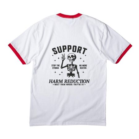 HARM REDUCTION SAVES LIVES, a White/ Red Cotton Ringer Tee (back-view)