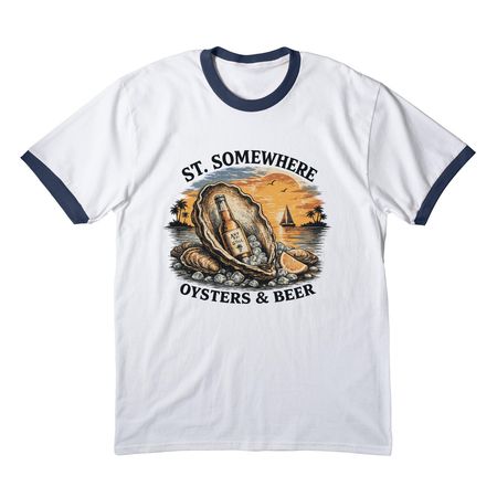 Oysters and Beer, a White/ Navy Cotton Ringer Tee