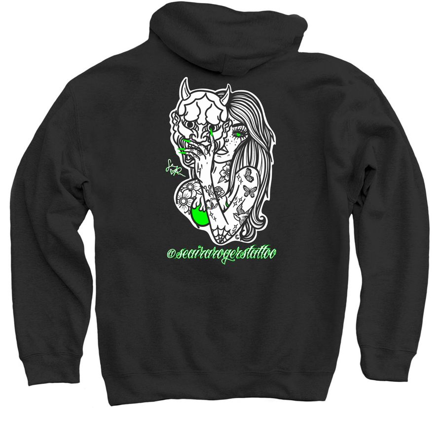 @seairarogerstattoo, a Black Pullover Hoodie (back-view)