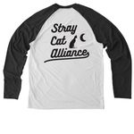 Stray Cat Alliance - Rescued, a Space Black/ Bright White Allmade Eco Triblend Colorblock Raglan Long Sleeve Tee (back-view)