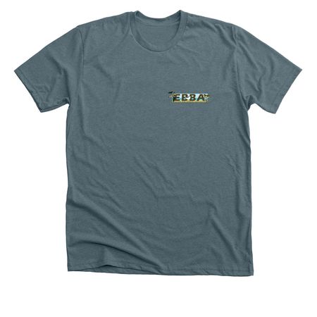 EBBA logo front, meet back, a Heather Slate Premium Unisex Tee