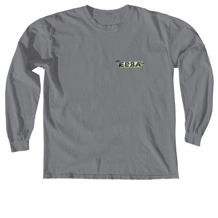 EBBA logo front, meet back, a Granite Comfort Colors Long Sleeve Tee